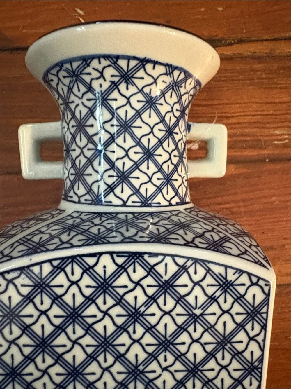 Vintage TOYO Blue and White Geometric Porcelain Wall Vase